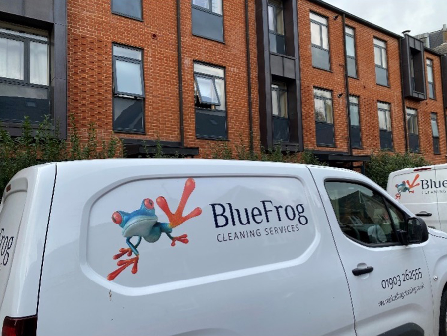 BlueFrog housing stock cleaning team BlueFrog van arriving at a tenant location