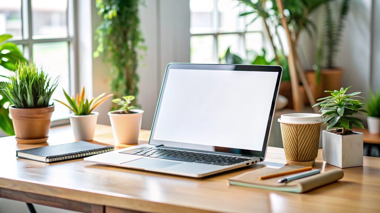 Clean office workspace after a BlueFrog visit Spotless bright office desk with laptop and plants