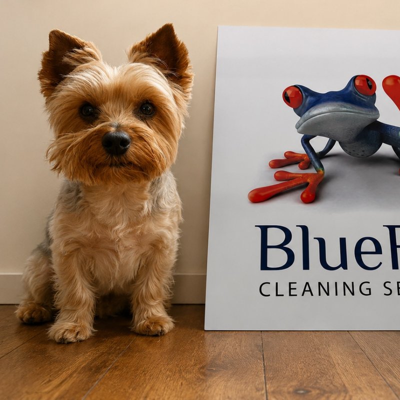 Freddie the dog, BlueFrog’s self-appointed Head of Security, sitting beside the BlueFrog sign
